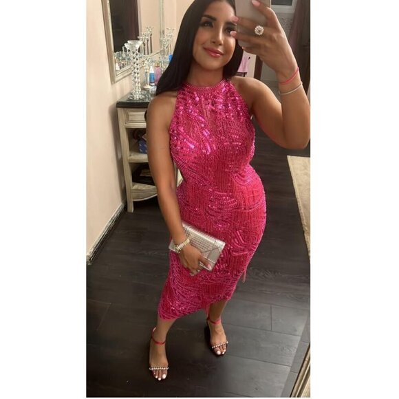 ASOS Pearl And Fringe Halter Midi Dress in Pink Size US 0 - Picture 12 of 15